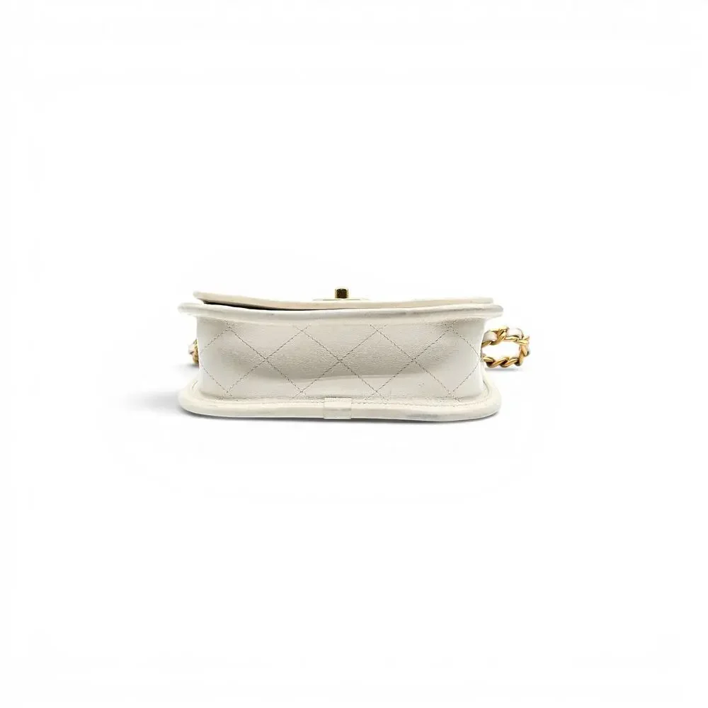 Chanel Quilted Messenger Crossbody Flap Bag White Lambskin Gold Hardware